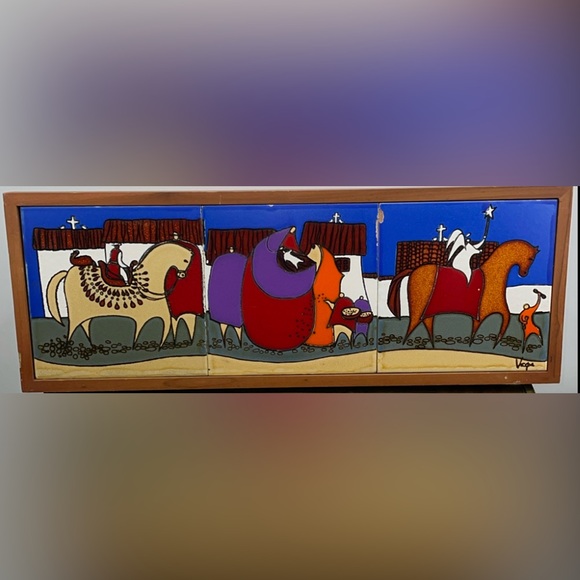 Vintage 70s Artesa Ecuador “Pase del Niño” Vega Ceramic Tile Art Folk Wall 24.75